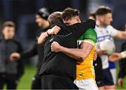13 April 2024; Jordan Hayes of Offaly celebrates after his side's victory in the Leinster GAA Football Senior Championship quarter-final match between Offaly and Laois at Laois Hire O’Moore Park in Portlaoise, Laois. Photo by Piaras Ó Mídheach/Sportsfile