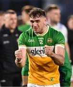 13 April 2024; Jordan Hayes of Offaly celebrates after his side's victory in the Leinster GAA Football Senior Championship quarter-final match between Offaly and Laois at Laois Hire O’Moore Park in Portlaoise, Laois. Photo by Piaras Ó Mídheach/Sportsfile