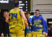 13 April 2024; Luke Gilleran of UCD Marian, right, celebrates as team-mate Tobias Christensen, 24, scores during the InsureMyVan.ie Division 1 play-off final match between UCD Marian and Moy Tolka Rovers at the National Basketball Arena in Tallaght, Dublin. Photo by Tyler Miller/Sportsfile