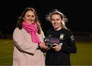 13 April 2024; Casey Howe of Athlone Town is presented with the SSE Airtricity player of the match award by SSE Airtricity marketing specialist Ruth Rapple following the SSE Airtricity Women's Premier Division match between Athlone Town and Peamount United at Athlone Town Stadium in Westmeath. Photo by Stephen McCarthy/Sportsfile