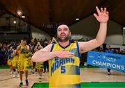 13 April 2024; Conor Meany of UCD Marian celebrates after the InsureMyVan.ie Division 1 play-off final match between UCD Marian and Moy Tolka Rovers at the National Basketball Arena in Tallaght, Dublin. Photo by Tyler Miller/Sportsfile