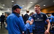 13 April 2024; Ciarán Frawley of Leinster and Leinster senior coach Jacques Nienaber after their side's victory in the Investec Champions Cup quarter-final match between Leinster and La Rochelle at the Aviva Stadium in Dublin. Photo by Harry Murphy/Sportsfile