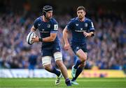 13 April 2024; Caelan Doris, left, and Ross Byrne of Leinster during the Investec Champions Cup quarter-final match between Leinster and La Rochelle at the Aviva Stadium in Dublin. Photo by Harry Murphy/Sportsfile
