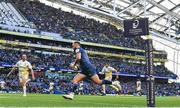 13 April 2024; Jamison Gibson-Park of Leinster on his way to scoring his side's second try during the Investec Champions Cup quarter-final match between Leinster and La Rochelle at the Aviva Stadium in Dublin. Photo by Harry Murphy/Sportsfile