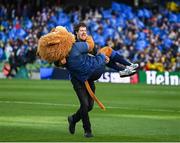 13 April 2024; Mike McCarthy and Leo the Lion before the Investec Champions Cup quarter-final match between Leinster and La Rochelle at the Aviva Stadium in Dublin. Photo by Harry Murphy/Sportsfile