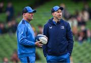 13 April 2024; Leinster senior coach Jacques Nienaber and Leinster backs coach Andrew Goodman before the Investec Champions Cup quarter-final match between Leinster and La Rochelle at the Aviva Stadium in Dublin. Photo by Harry Murphy/Sportsfile