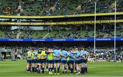 13 April 2024; Leinster players huddle before the Investec Champions Cup quarter-final match between Leinster and La Rochelle at the Aviva Stadium in Dublin. Photo by Harry Murphy/Sportsfile