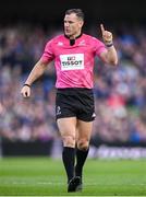13 April 2024; Referee Karl Dickson during the Investec Champions Cup quarter-final match between Leinster and La Rochelle at the Aviva Stadium in Dublin. Photo by Ramsey Cardy/Sportsfile