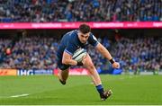 13 April 2024; Dan Sheehan of Leinster dives over to score his side's fourth try during the Investec Champions Cup quarter-final match between Leinster and La Rochelle at the Aviva Stadium in Dublin. Photo by Ramsey Cardy/Sportsfile