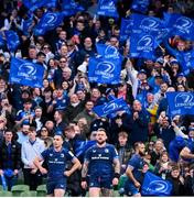 13 April 2024; James Lowe, left, and Andrew Porter of Leinster during the Investec Champions Cup quarter-final match between Leinster and La Rochelle at the Aviva Stadium in Dublin. Photo by Ramsey Cardy/Sportsfile