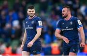 13 April 2024; Harry Byrne, left, and Rónan Kelleher of Leinster after the Investec Champions Cup quarter-final match between Leinster and La Rochelle at the Aviva Stadium in Dublin. Photo by Ramsey Cardy/Sportsfile
