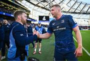 13 April 2024; Leinster contact skills coach Sean O'Brien and Ross Molony of Leinster after their side's victory in the Investec Champions Cup quarter-final match between Leinster and La Rochelle at the Aviva Stadium in Dublin. Photo by Harry Murphy/Sportsfile