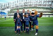 13 April 2024; Matchday mascots Avery Tuite and Daragh De Búrca with Leinster players Rob Russell, Scott Penny, Tommy O'Brien and Leo the Lion before the Investec Champions Cup quarter-final match between Leinster and La Rochelle at the Aviva Stadium in Dublin. Photo by Harry Murphy/Sportsfile