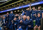 13 April 2024; Leinster senior kitman Jim Bastick and the bench celebrate during the Investec Champions Cup quarter-final match between Leinster and La Rochelle at the Aviva Stadium in Dublin. Photo by Harry Murphy/Sportsfile