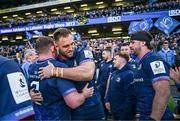 13 April 2024; Tadhg Furlong and Jason Jenkins of Leinster embrace after their side's victory in the Investec Champions Cup quarter-final match between Leinster and La Rochelle at the Aviva Stadium in Dublin. Photo by Harry Murphy/Sportsfile