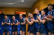 13 April 2024; Leinster players after their side's victory in the Investec Champions Cup quarter-final match between Leinster and La Rochelle at the Aviva Stadium in Dublin. Photo by Harry Murphy/Sportsfile