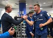 13 April 2024; Ross Molony of Leinster and head coach Leo Cullen after their side's victory in the Investec Champions Cup quarter-final match between Leinster and La Rochelle at the Aviva Stadium in Dublin. Photo by Harry Murphy/Sportsfile