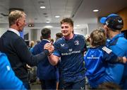 13 April 2024; Joe McCarthy of Leinster and head coach Leo Cullen after their side's victory in the Investec Champions Cup quarter-final match between Leinster and La Rochelle at the Aviva Stadium in Dublin. Photo by Harry Murphy/Sportsfile
