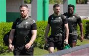14 April 2024; Connacht players, from left, JJ Hanrahan, Conor Oliver and Sam Illo arrive before the EPCR Challenge Cup quarter-final match between Benetton and Connacht at Stadio Monigo in Treviso, Italy. Photo by Roberto Bregani/Sportsfile