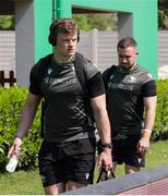 14 April 2024; Connacht players Cian Prendergast, left, and JJ Hanrahan arrive before the EPCR Challenge Cup quarter-final match between Benetton and Connacht at Stadio Monigo in Treviso, Italy. Photo by Roberto Bregani/Sportsfile