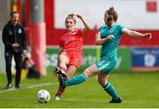 13 April 2024; Keeva Keenan of Shelbourne in action against Scarlett Herron of Shamrock Rovers during the SSE Airtricity Women's Premier Division match between Shelbourne and Shamrock Rovers at Tolka Park in Dublin. Photo by Stephen McCarthy/Sportsfile