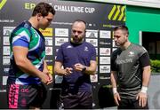 14 April 2024; Benetton captain Michele Lamaro and Connacht captain Caolin Blade with referee Clément Turpin at the coin toss before the EPCR Challenge Cup quarter-final match between Benetton and Connacht at Stadio Monigo in Treviso, Italy. Photo by Roberto Bregani/Sportsfile