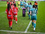 13 April 2024; Shelbourne and Shamrock Rovers players take to the pitch before the SSE Airtricity Women's Premier Division match between Shelbourne and Shamrock Rovers at Tolka Park in Dublin. Photo by Stephen McCarthy/Sportsfile