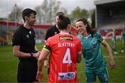 13 April 2024; Shamrock Rovers captain Áine O'Gorman shakes hands with Shelbourne captain Pearl Slattery before the SSE Airtricity Women's Premier Division match between Shelbourne and Shamrock Rovers at Tolka Park in Dublin. Photo by Stephen McCarthy/Sportsfile
