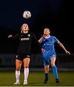 13 April 2024; Kerryanne Brown of Athlone Town in action against Jetta Berrill of Peamount United during the SSE Airtricity Women's Premier Division match between Athlone Town and Peamount United at Athlone Town Stadium in Westmeath. Photo by Stephen McCarthy/Sportsfile