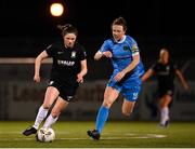 13 April 2024; Roisin Molly of Athlone Town in action against Karen Duggan of Peamount United during the SSE Airtricity Women's Premier Division match between Athlone Town and Peamount United at Athlone Town Stadium in Westmeath. Photo by Stephen McCarthy/Sportsfile