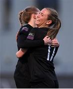 13 April 2024; Casey Howe of Athlone Town celebrates with team-mate Madison Gibson, right, after scoring their side's first goal during the SSE Airtricity Women's Premier Division match between Athlone Town and Peamount United at Athlone Town Stadium in Westmeath. Photo by Stephen McCarthy/Sportsfile