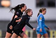13 April 2024; Casey Howe of Athlone Town celebrates with team-mate Chloe Singleton, 8, after scoring their side's first goal during the SSE Airtricity Women's Premier Division match between Athlone Town and Peamount United at Athlone Town Stadium in Westmeath. Photo by Stephen McCarthy/Sportsfile