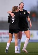 13 April 2024; Casey Howe of Athlone Town celebrates with team-mate Jesi Lynne Rossman, right, after scoring their side's first goal during the SSE Airtricity Women's Premier Division match between Athlone Town and Peamount United at Athlone Town Stadium in Westmeath. Photo by Stephen McCarthy/Sportsfile