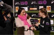 13 April 2024; Casey Howe of Athlone Town is presented with the SSE Airtricity player of the match award by SSE Airtricity marketing specialist Ruth Rapple following the SSE Airtricity Women's Premier Division match between Athlone Town and Peamount United at Athlone Town Stadium in Westmeath. Photo by Stephen McCarthy/Sportsfile