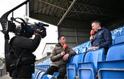 14 April 2024; Wicklow manager Oisin McConville, right, is interviewed by former Armagh and Crossmaglen Rangers team-mate Aaron Kernan, for GAAGO, before the Leinster GAA Football Senior Championship quarter-final match between Kildare and Wicklow at Laois Hire O’Moore Park in Portlaoise, Laois. Photo by Sam Barnes/Sportsfile