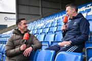 14 April 2024; Wicklow manager Oisin McConville, right, is interviewed by former Armagh and Crossmaglen Rangers team-mate Aaron Kernan, for GAAGO, before the Leinster GAA Football Senior Championship quarter-final match between Kildare and Wicklow at Laois Hire O’Moore Park in Portlaoise, Laois. Photo by Sam Barnes/Sportsfile