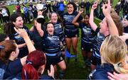 14 April 2024; Navan captain Paula Keating celebrates with the cup and her teammates after their side's victory in the Women's Division 5 Cup final match between Navan and Roscrea during the Bank of Ireland Leinster Rugby Women Finals Day at Balbriggan RFC in Dublin. Photo by Ben McShane/Sportsfile