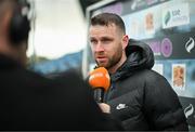 13 April 2024; Athlone Town manager Ciaran Kilduff is interviewed by TG4 before the SSE Airtricity Women's Premier Division match between Athlone Town and Peamount United at Athlone Town Stadium in Westmeath. Photo by Stephen McCarthy/Sportsfile