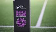 13 April 2024; A detailed view of the SSE Airtricity League of Ireland Women's Premier Division branding before the SSE Airtricity Women's Premier Division match between Athlone Town and Peamount United at Athlone Town Stadium in Westmeath. Photo by Stephen McCarthy/Sportsfile
