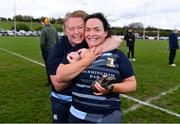 14 April 2024; Navan captain Paula Keating, right, and Mary Louise Bridgeman celebrate after their side's victory in the Women's Division 5 Cup final match between Navan and Roscrea during the Bank of Ireland Leinster Rugby Women Finals Day at Balbriggan RFC in Dublin. Photo by Ben McShane/Sportsfile