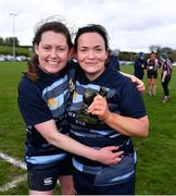 14 April 2024; Navan captain Paula Keating, right, and Ciara Quinn celebrate after their side's victory in the Women's Division 5 Cup final match between Navan and Roscrea during the Bank of Ireland Leinster Rugby Women Finals Day at Balbriggan RFC in Dublin. Photo by Ben McShane/Sportsfile