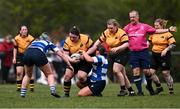 14 April 2024; Niamh Bowe of Ashbourne is tackled by Niamh Lavelle of Athy during the Cusack Plate final match between Athy and Ashbourne during the Bank of Ireland Leinster Rugby Women Finals Day at Balbriggan RFC in Dublin. Photo by Ben McShane/Sportsfile