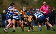 14 April 2024; Laura Mahon of Ashbourne is tackled by Claire Hughes of Athy during the Cusack Plate final match between Athy and Ashbourne during the Bank of Ireland Leinster Rugby Women Finals Day at Balbriggan RFC in Dublin. Photo by Ben McShane/Sportsfile