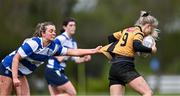 14 April 2024; Orla Hayes of Ashbourne is tackled by Meabh Collins of Athy during the Cusack Plate final match between Athy and Ashbourne during the Bank of Ireland Leinster Rugby Women Finals Day at Balbriggan RFC in Dublin. Photo by Ben McShane/Sportsfile