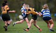 14 April 2024; Orla Hayes of Ashbourne offloads to teammate Sammy McCoy, left, as she is tackled by Meabh Collins of Athy during the Cusack Plate final match between Athy and Ashbourne during the Bank of Ireland Leinster Rugby Women Finals Day at Balbriggan RFC in Dublin. Photo by Ben McShane/Sportsfile