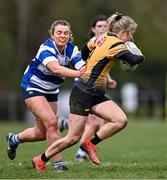 14 April 2024; Orla Hayes of Ashbourne is tackled by Meabh Collins of Athy during the Cusack Plate final match between Athy and Ashbourne during the Bank of Ireland Leinster Rugby Women Finals Day at Balbriggan RFC in Dublin. Photo by Ben McShane/Sportsfile