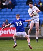 14 April 2024; Kevin Flynn of Kildare in action against Jonathan Carlin of Wicklow during the Leinster GAA Football Senior Championship quarter-final match between Kildare and Wicklow at Laois Hire O’Moore Park in Portlaoise, Laois. Photo by Piaras Ó Mídheach/Sportsfile