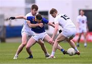 14 April 2024; Tom Moran of Wicklow in action against Kevin Feely, left, and Daniel Flynn during the Leinster GAA Football Senior Championship quarter-final match between Kildare and Wicklow at Laois Hire O’Moore Park in Portlaoise, Laois. Photo by Piaras Ó Mídheach/Sportsfile