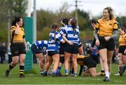 14 April 2024; Sarah Hendy of Athy, hidden, celebrates with teammates after scoring a try during the Cusack Plate final match between Athy and Ashbourne during the Bank of Ireland Leinster Rugby Women Finals Day at Balbriggan RFC in Dublin. Photo by Ben McShane/Sportsfile