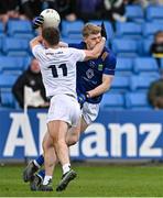 14 April 2024; Kevin Quinn of Wicklow is tackled by Niall Kelly of Kildare during the Leinster GAA Football Senior Championship quarter-final match between Kildare and Wicklow at Laois Hire O’Moore Park in Portlaoise, Laois. Photo by Sam Barnes/Sportsfile